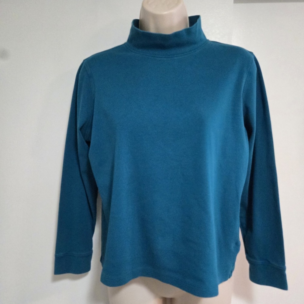 LL Bean Petite M PM Teal Green 100% Cotton Mock Turtleneck Top 278903